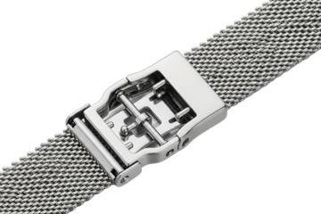 Silver metal mesh watch strap with adjustable metal clasp on a transparent background