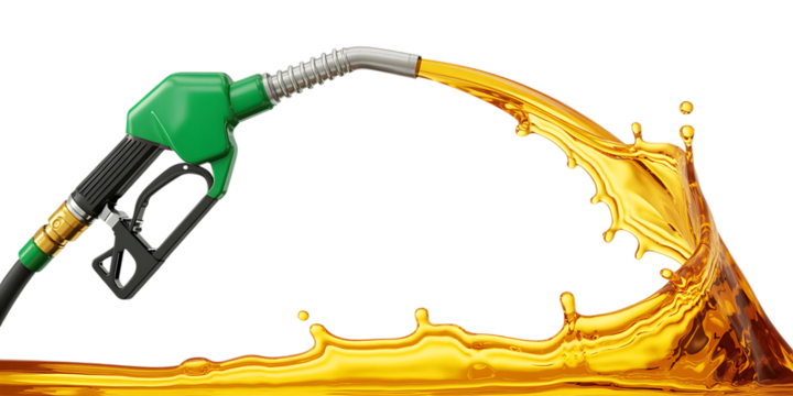 Green fuel nozzle dispensing golden liquid fuel isolated on white background