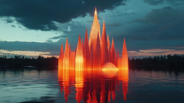Spectacular Water Sculpture at Sunset - A Mesmerizing Display of Light and Art. - Powered by Adobe