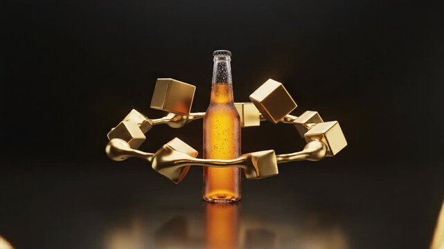 Abstract Animation of Golden Cubes Swirling into a Bright Luminous Portal