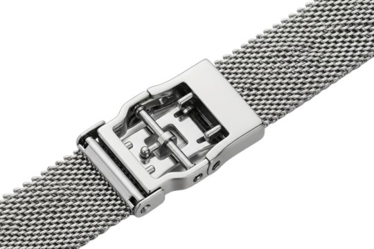 Silver metal mesh watch strap with adjustable metal clasp on a transparent background