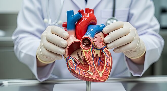 Medical professional in white coat and latex gloves holding detailed anatomical heart model showing chambers valves arteries veins in clinical hospital setting