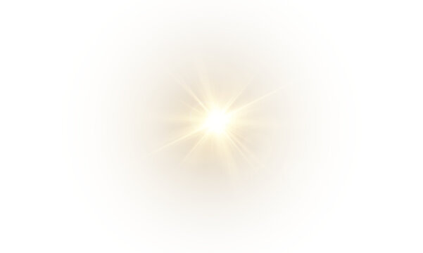 Glowing yellow light effect with sun rays and lens flare on transparent background. Bright abstract optical illumination with sparkles.