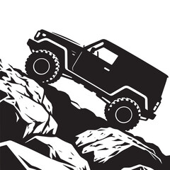 The silhouette of a 4x4 car climbing steep terrain creates an impression of adventure