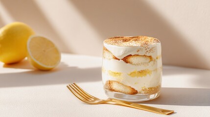 Limoncello tiramisu with golden dessert fork on side, pastel cream background, smooth shadow play, refined minimalist setup