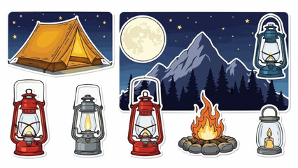 Set of Vintage Camping Equipment Illustrations for Outdoor Adventures.