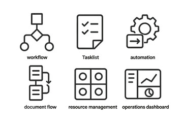 Workflow icons: tasklist, automation, document flow, resource management, operations dashboard