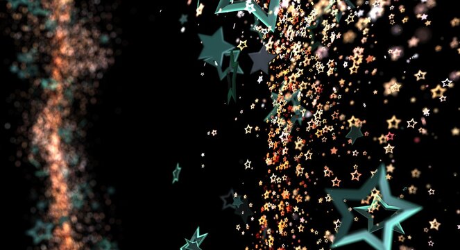Abstract star background with dreamy particle effects in shades of orange and turquoise over a black backdrop, perfect f