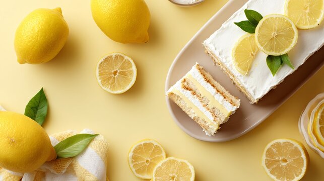 Overhead composition of limoncello tiramisu beside sliced lemons, pastel butter-yellow background, refreshing minimalist tone
