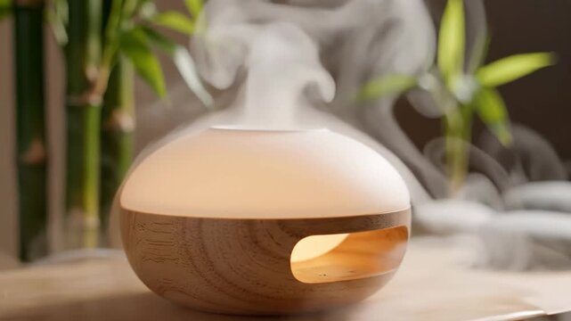 Aromatherapy Diffuser Emitting Mist with Bamboo and Zen Stones for Relaxation