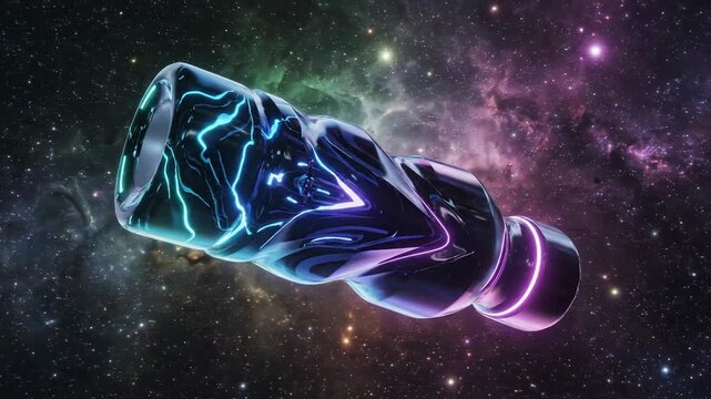 Abstract Glowing Sci-Fi Object Twisting in Cosmic Space with Neon Lights