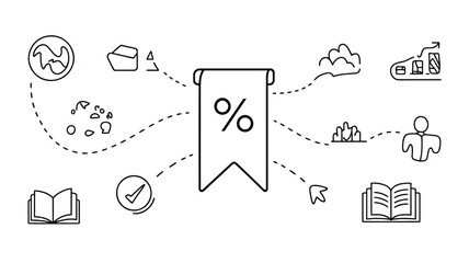 A collection of simple line art icons representing various concepts like learning growth and success all connected by dashed lines to a central percentage sign symbolizing discounts or financial deals