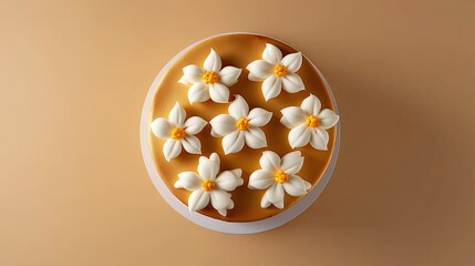 Elegant dessert cake decorated with white flowers on a smooth tan background, showcasing exquisite pastry art and vibrant presentation for culinary delights