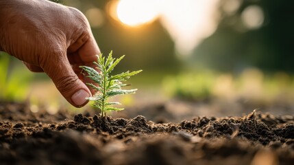 A person ' s hand is holding a small plant