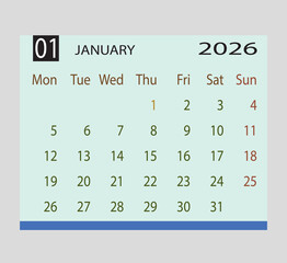 January 2026 calendar planner showing dates, days, and month Vector