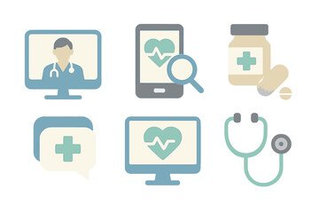 Digital healthcare icons featuring telemedicine and health monitoring symbols