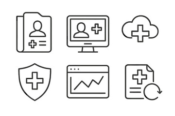 Health data management icons with medical records, cloud storage, and analytics