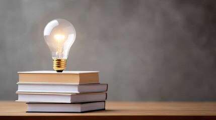 Creative concept showcasing a glowing light bulb on top of stacked books, symbolizing ideas, knowledge, and inspiration in a modern setting