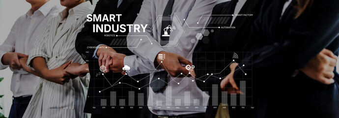 A diverse team of business professionals standing confidently while engaging with concepts of smart industry and data analytics, emphasizing innovation and growth. Trope