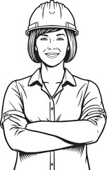 Female Engineer: A confident female engineer stands with arms crossed, wearing a protective helmet, ready to lead and create. Depicting determination and competence.