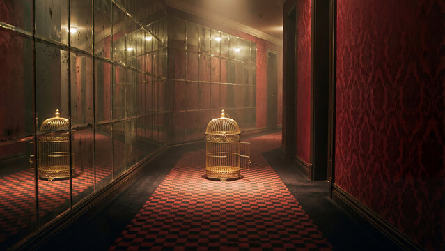 An empty birdcage sits in a dark, mysterious hotel hallway. Mirrored walls and dim lights create an eerie, atmospheric, and surreal vintage scene. - Powered by Adobe