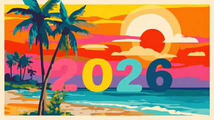 A poster with a sunset and palm trees