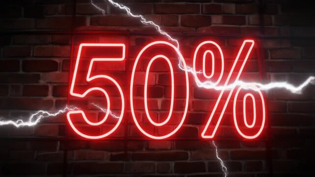 neon light 50% discount text offer promotion. Red glowing 50 percent off text black background. glowing red neon 50 percent off sale animation.