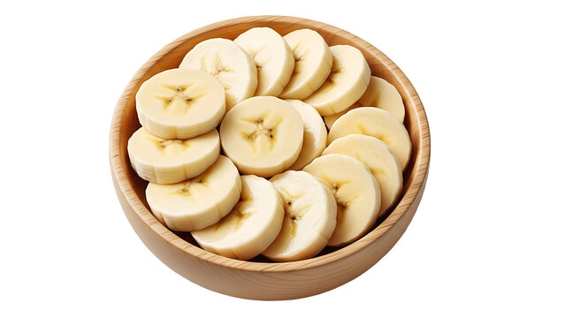Sliced bananas in wooden bowl overhead view