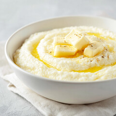Creamy bowl of hot buttered grits topped with melting butter and a sprinkle of seasoning