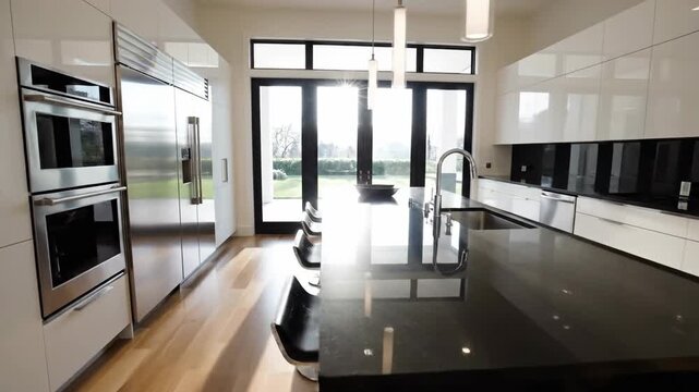 Bright Modern Kitchen with Island and Sunlight Streaming Through Windows