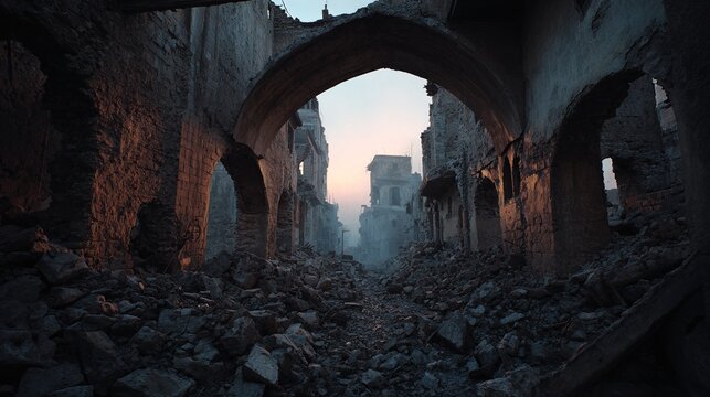 Wrecked stone archway leading into a devastated war-torn street at dusk