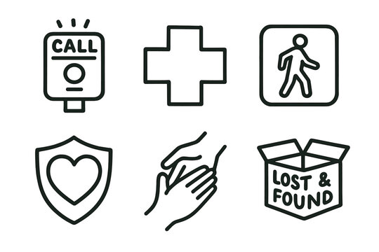 Emergency symbols with call button, first aid, pedestrian, heart shield, handshake, lost and found box