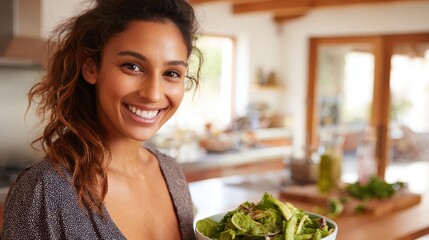 A woman holding a bowl of salad in a kitchen