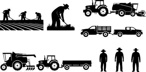 Farmers works in field, Farmer working, Farmer with vehicle silhouettes, Agriculture farmer silhouette, Agriculture farmer, Farmer with vehicle set