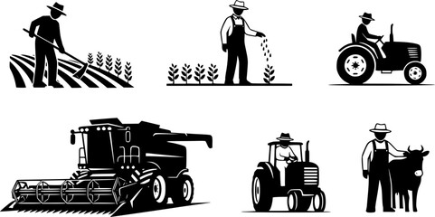 Farmers works in field, Farmer working, Farmer with vehicle silhouettes, Agriculture farmer silhouette, Agriculture farmer, Farmer with vehicle set