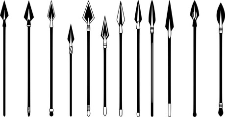 Spear silhouettes, Spear, Ancient spear, Ancient spear silhouette, Spear vector illustration set