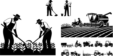 Farmers works in field, Farmer working, Farmer with vehicle silhouettes, Agriculture farmer silhouette, Agriculture farmer, Farmer with vehicle set