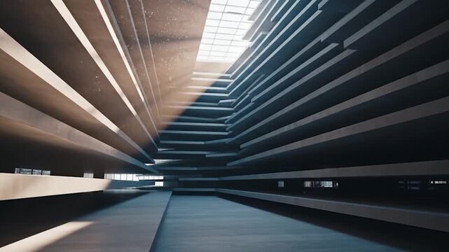 Modern abstract architecture with dramatic light rays and geometric concrete forms