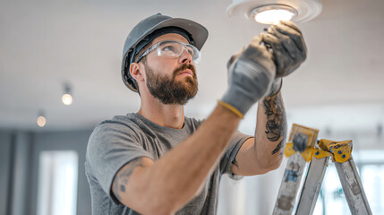 Electrician installing a ceiling light fixture on a ladder with precision and focus, showcasing skilled craftsmanship.
