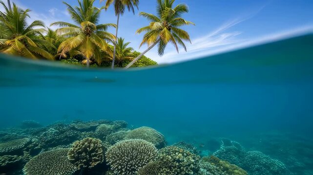 Split View of Tropical Island with Palm Trees Above and Vibrant Coral Reef Underwater in Clear Blue Ocean