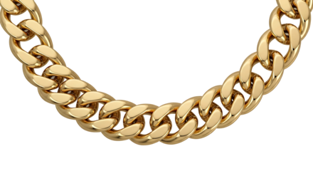 Close up of a thick gold curb link chain necklace