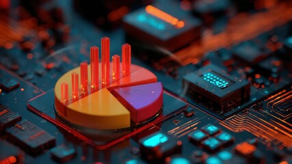 Pie Chart with Bar Graph Data on an Illuminated Circuit Board Background in Red and Teal Colors and High Tech Texture - Powered by Adobe