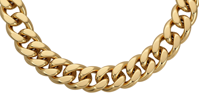 Close up of a thick gold curb link chain necklace
