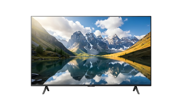 Modern television displaying stunning mountain lake reflection