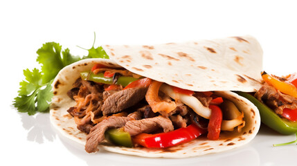 Deliciously seasoned beef and colorful bell pepper fajitas wrapped in a warm flour tortilla with fresh cilantro garnish