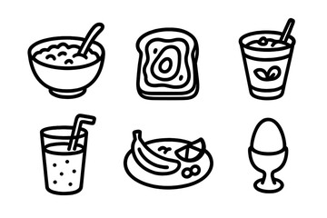 Simple breakfast icons: cereal, toast, yogurt, juice, fruit, egg