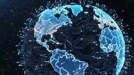 Digital globe of north america illuminated with city lights over a dark background featuring glowing circuit board patterns - Powered by Adobe