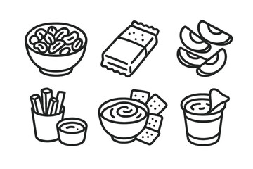 Hand-drawn icons of snacks including nuts, bar, chips, fries, dip, crackers, and salsa