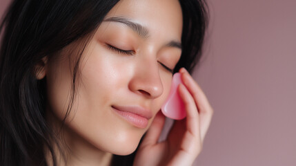 Fototapeta premium Using gua sha stone on cheek. Young woman applying skincare product to her face 