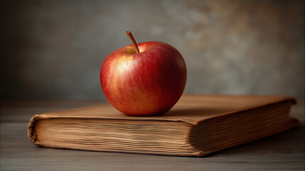 Newton Day. Red apple resting on vintage book with textured cover